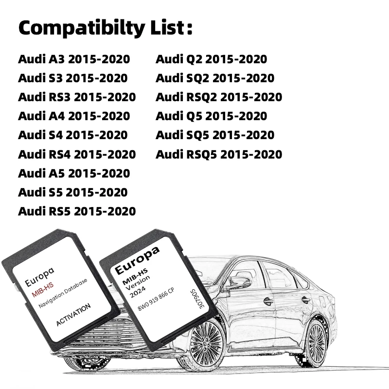 2024 نسخة أوروبا المملكة المتحدة خرائط Sat Nav لأودي A S RS Q SQ RSQ سيارة 2015-2020 الملاحة نظام MIB-HS GPS بطاقة SD 8 واط 0919866 CP