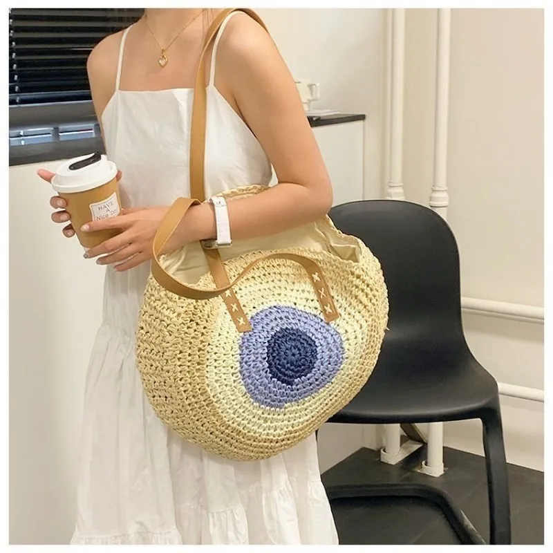 

1 шт. Большая круглая плетеная сумка из соломы, портативная, с ручками и плечевым ремнем, для пляжа, отпуска и путешествий