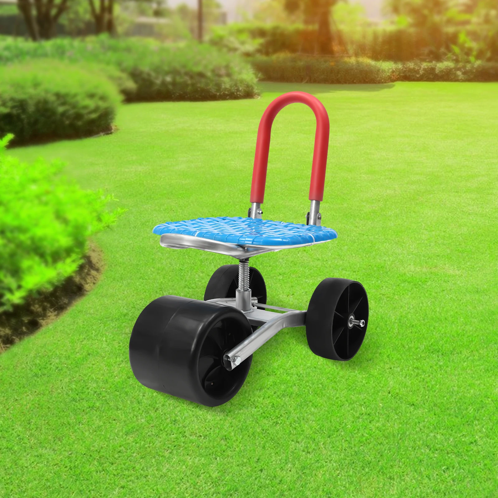 3 Wheels Garden Rolling Cart Seat, Adjustable Height Outdoor Stool Scooter Chair 360° Swivel for Agricultural Lawn Yard Planting