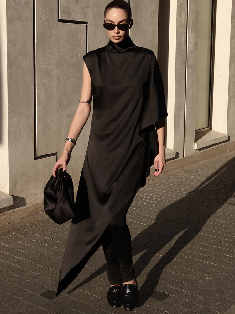 Elegancka satynowa sukienka maxi Oniflyme z nieregularnym dołem, damska moda, golf, rękawy typu peleryna, luźna odzież uliczna, codzienne sukienki na imprezę, Vestido