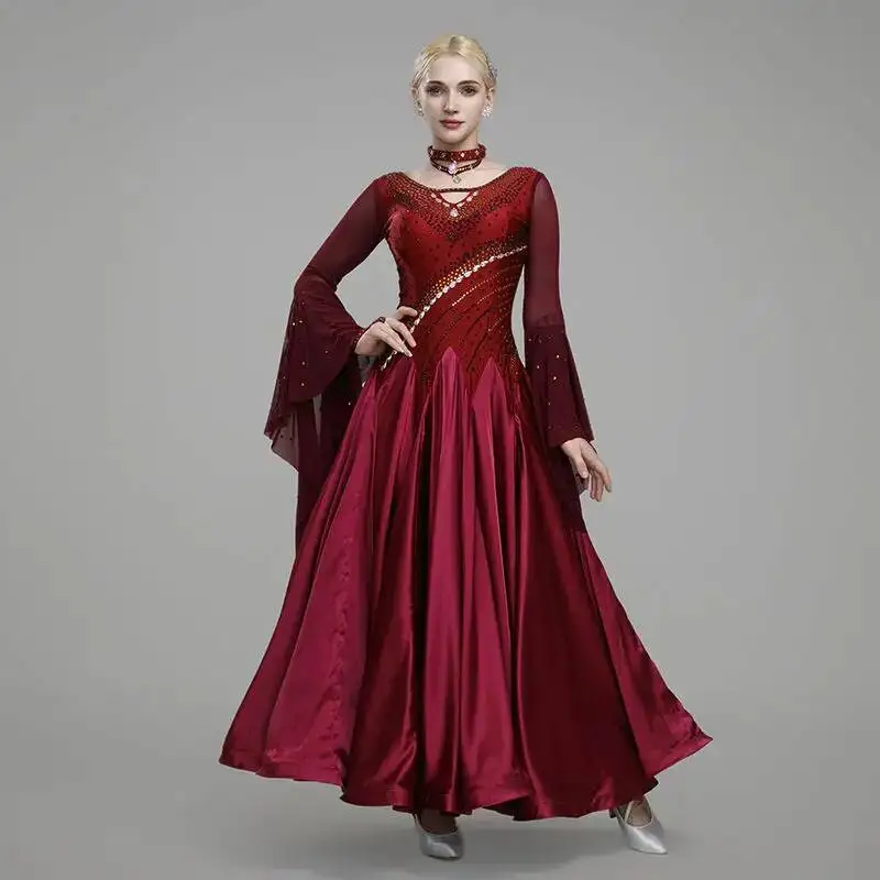 

New Modern Dance Dress Woman Autumn And Winter Ballroom Dance Long Skirt Waltz Dance Performance Competition Costume