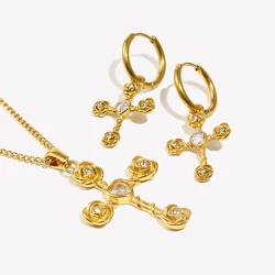 E.B.belle White Rhinestone Rose Cross Necklace Earring Flower Jewelry Set Stainless Steel 18K Gold Plated Waterproof Charm