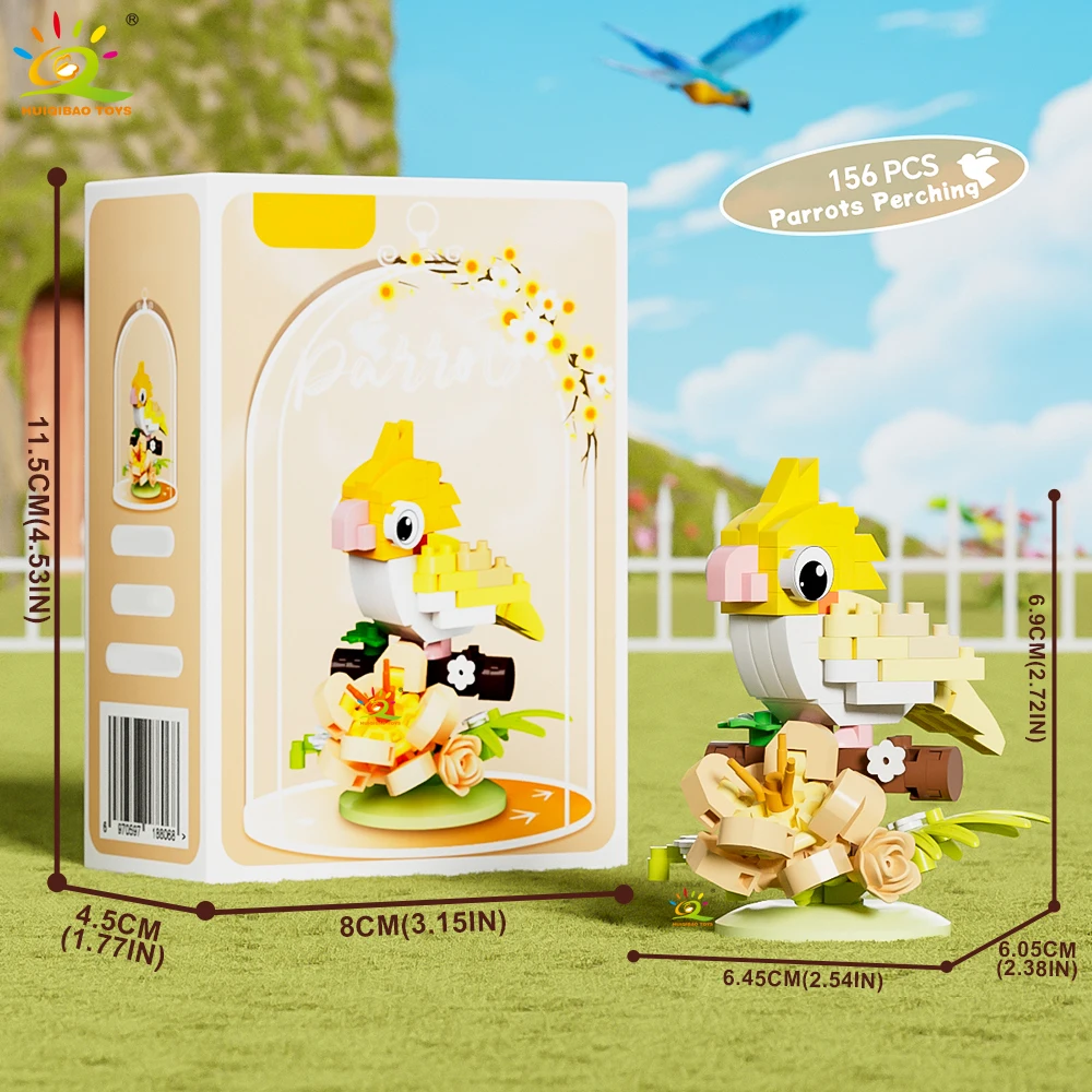 HUIQIBAO MOC Papagei Vogel Blume mit Display Box Micro Baustein Mini Diamant Modell Ziegel Spielzeug für Kinder Schreibtisch Dekor. – Detail 4