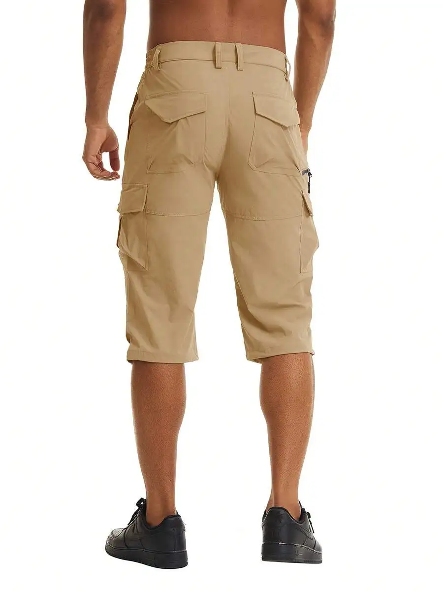 Mens Workout Shorts 7 Pockets Quick Dry 3/4 Capri Pants Zipper Pockets Hiking Athletic Shorts Lightweight Breathable