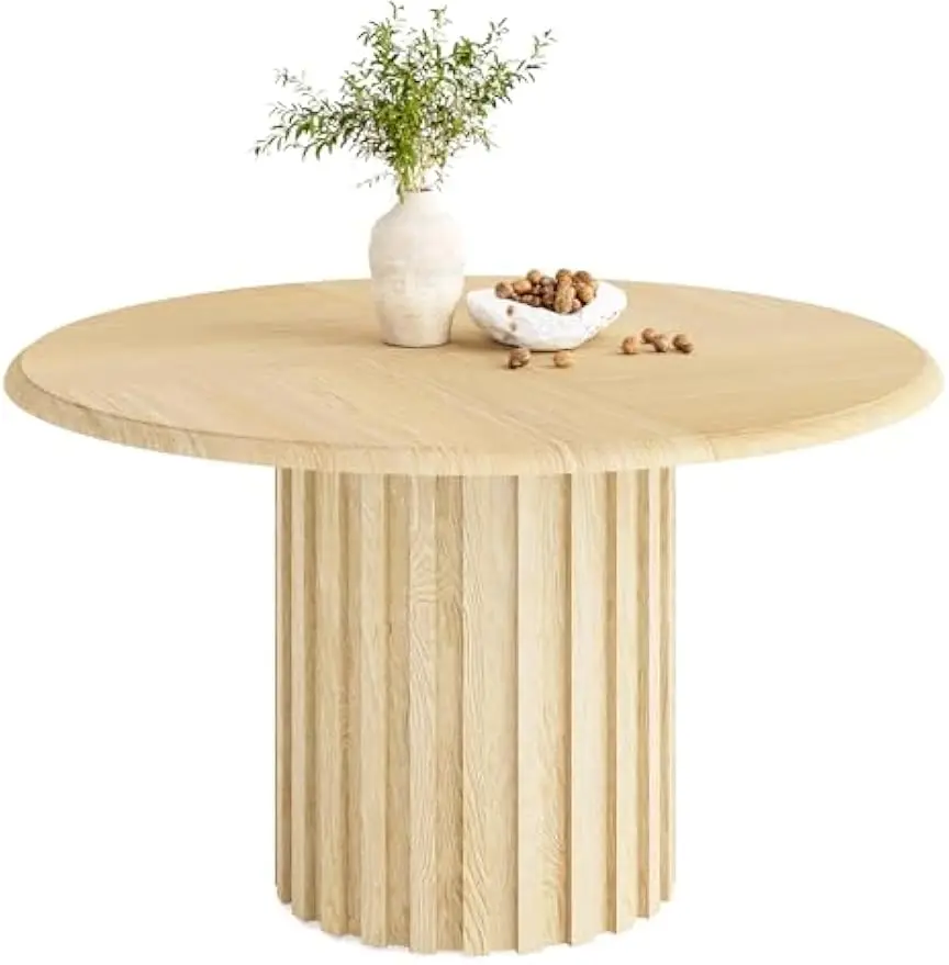 Mesa de comedor redonda de 47 pulgadas para 4, mesas de comedor de madera natural con pedestal estriado, mesa de comedor de cocina circular para