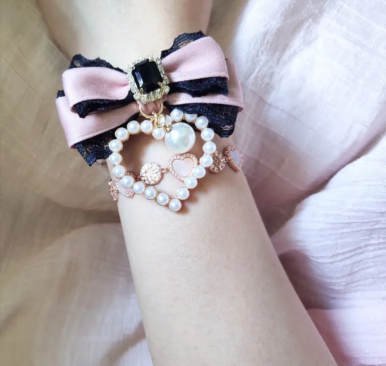 Handmade Japanese Style Soft Girl Sweet Cute Pearl Heart Bow Bracelets Female Rhinestone Leather Bracelet for Women Accessories