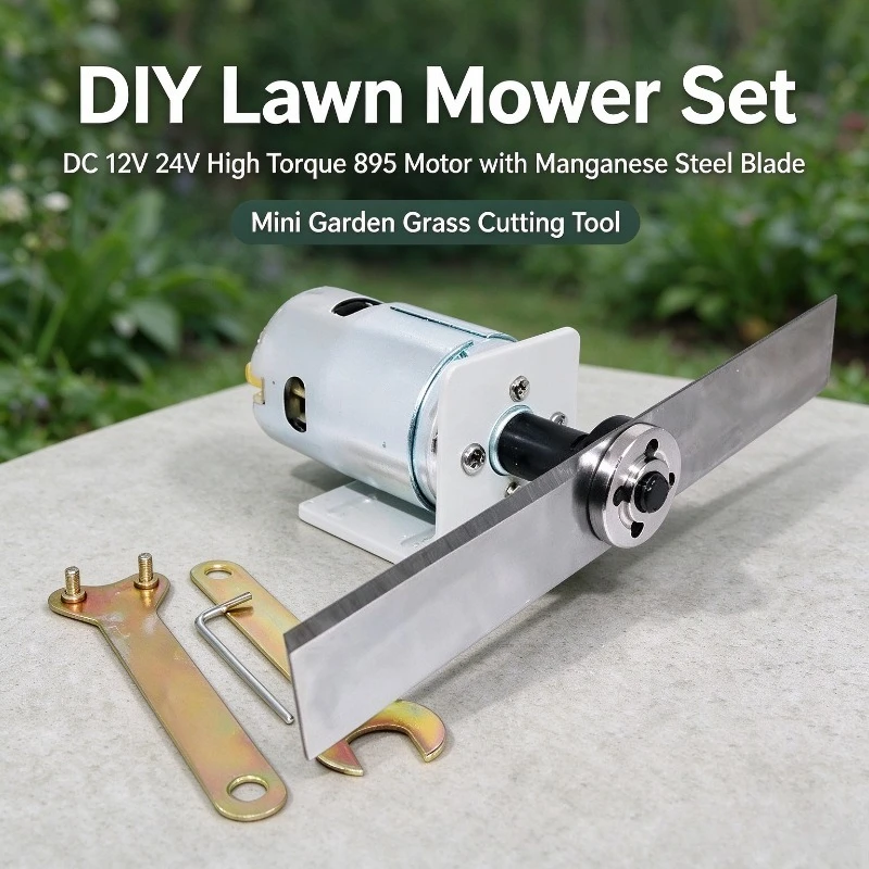 DIY Lawn Mower Set, DC 12V 24V High Torque 895 Motor with Manganese Steel Blade, Mini Garden Grass Cutting Tool