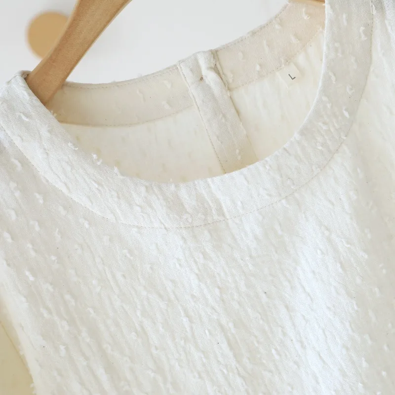 Women's Cream Cotton Gauze Textured T-Shirt, Round Neck Short Sleeve Soft Breathable Summer Home Wear, Relaxed Fit Casual Top view 6