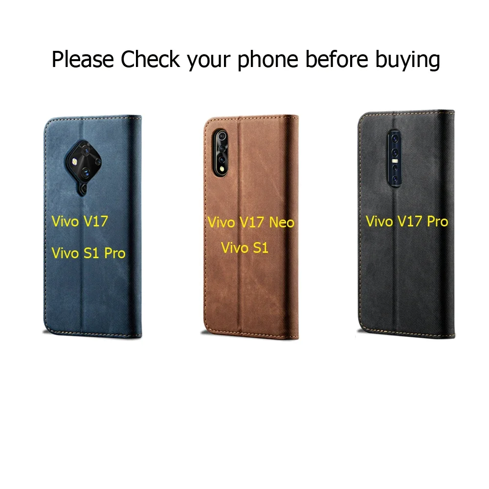 For Vivo V17 Neo V 17 Pro Wallet Case Luxury Solid Leather Cloth Denim Flip Cover Funda VIVO V17 Case Vivo S1 Pro 1S 17V Fundas