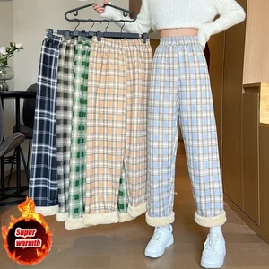 Women's cashmere thick plaid pants, loose casual pants with wide legs, warm streetwear, Korean fashion, winter 12 Main Sales Women's Chess Clothing - №3