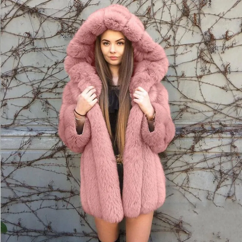 Women's Winter Faux Fur Hooded Coat Fashionable and Warm  Vertical Hooded Hat High Quality Fluffy Fur