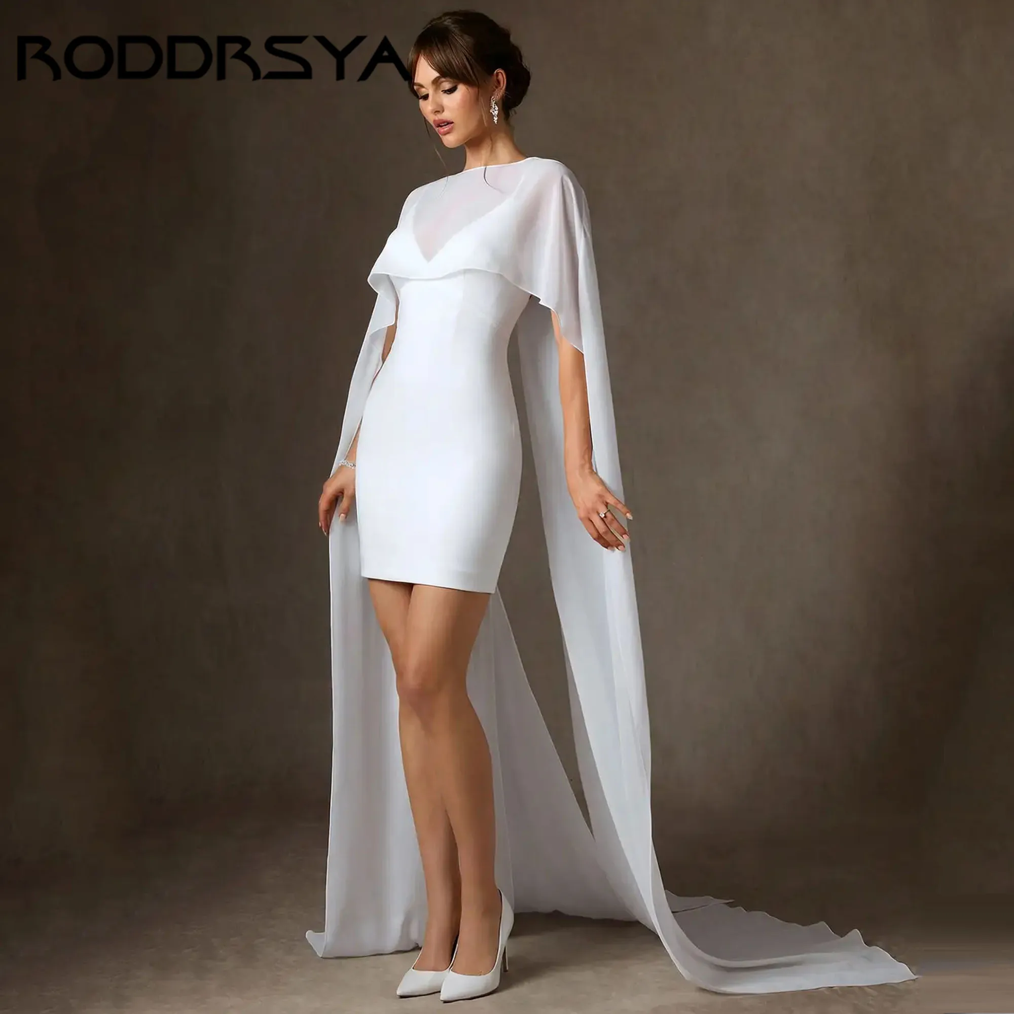 RODDRSYA Satin Mini Wedding Dress with Chiffon Shawl Sheath Party Gowns for Bridal V-Neck vestido de novia Backless Customized