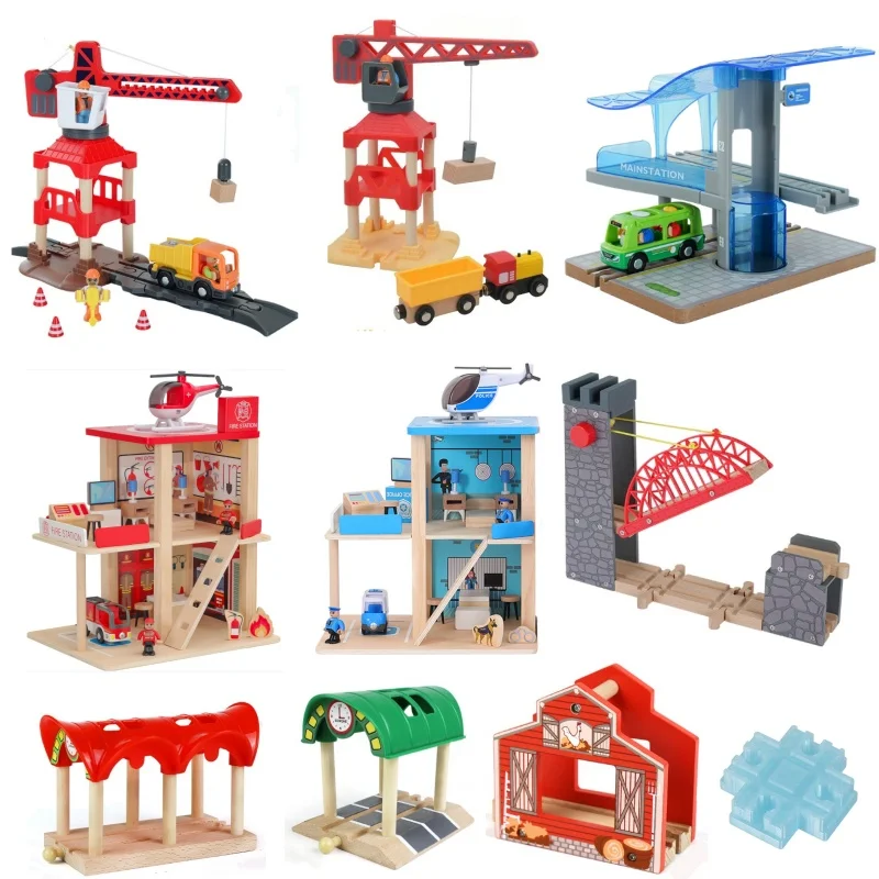 ملحقات مسار القطار البرجي، لعبة تزيين المشهد، محطة جسر نفق مرتفعة، لعبة مسار البناء مع قطار خشبي #1