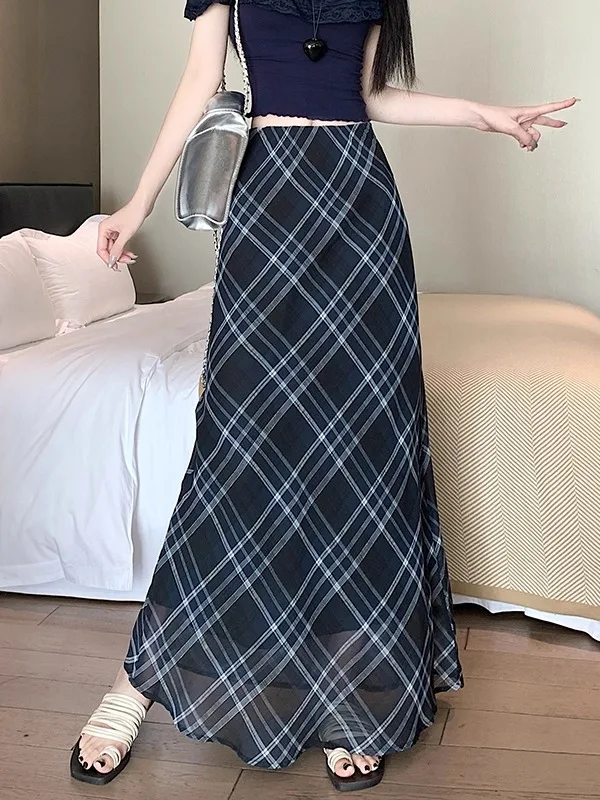 

Blue Stripe Chiffon f Skirt Women's Summer High Waist Dra Slimming Versatile Long Skirt Ci Walk Polyester Fiber A-Li...