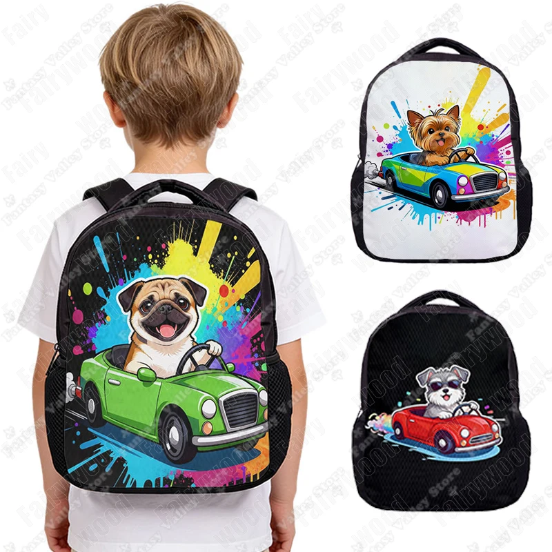 

12 Inches Cartoon Dog Driving Car Pattern Backpack for 2-4 Years Yorkshire Terrier Pug Puppy Bookbags Kindergarten Toddler Bags