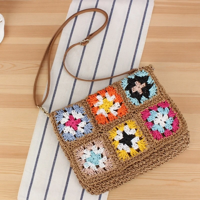 Bolso bandolera tejido Vintage étnico, bolso hombro con flores coloridas ganchillo para playa