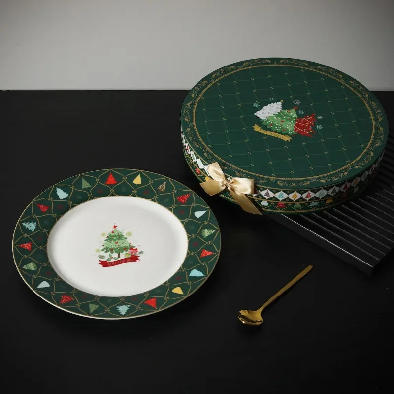 Christmas Tree Pattern Ceramic Dinner Set, Gold Trim Gift Box Tableware, Festive Home Party Dining Plate Set for Holiday Use