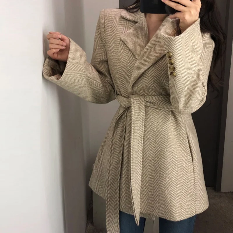 Temperament frauen Woolen Mantel Herbst und Winter Vintage Casual Taille Verdickt Woolen Jacke Büro Dame Kurze Chic Anzug Top