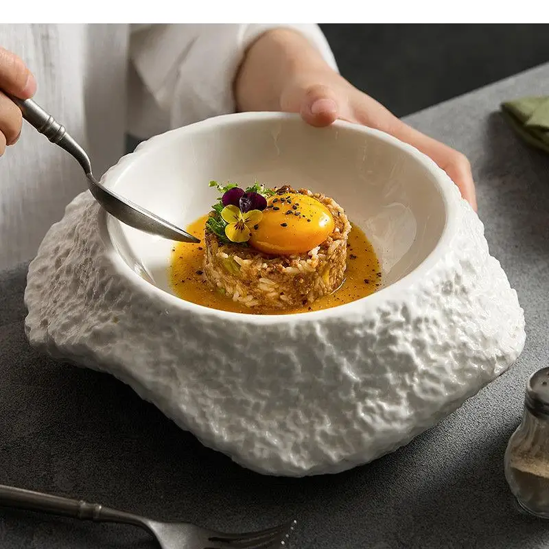 Assiette en céramique pour restaurant, motif pierre irrégulier, assiettes épaisses pour soupe, salade, pâtes, collations, vaisselle de table pour la maison