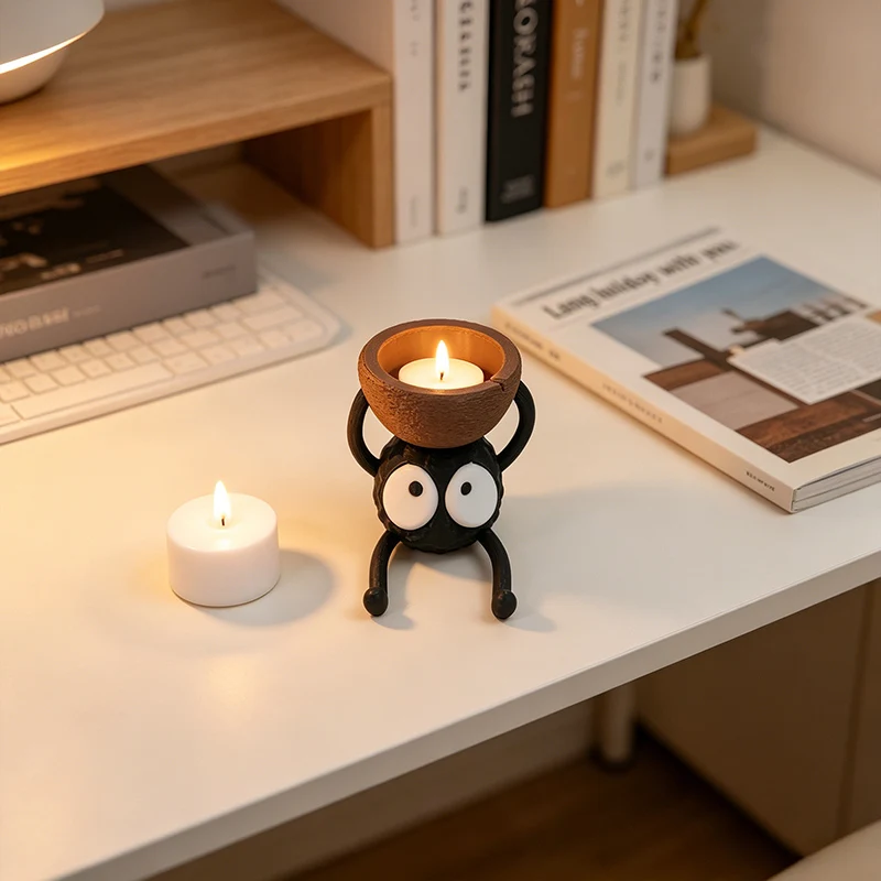 3D Printed Soot Sprite Tea Candle Holder Cute Black Coal Elf Tealight Holder Creative Candlestick Home Desktop Decor