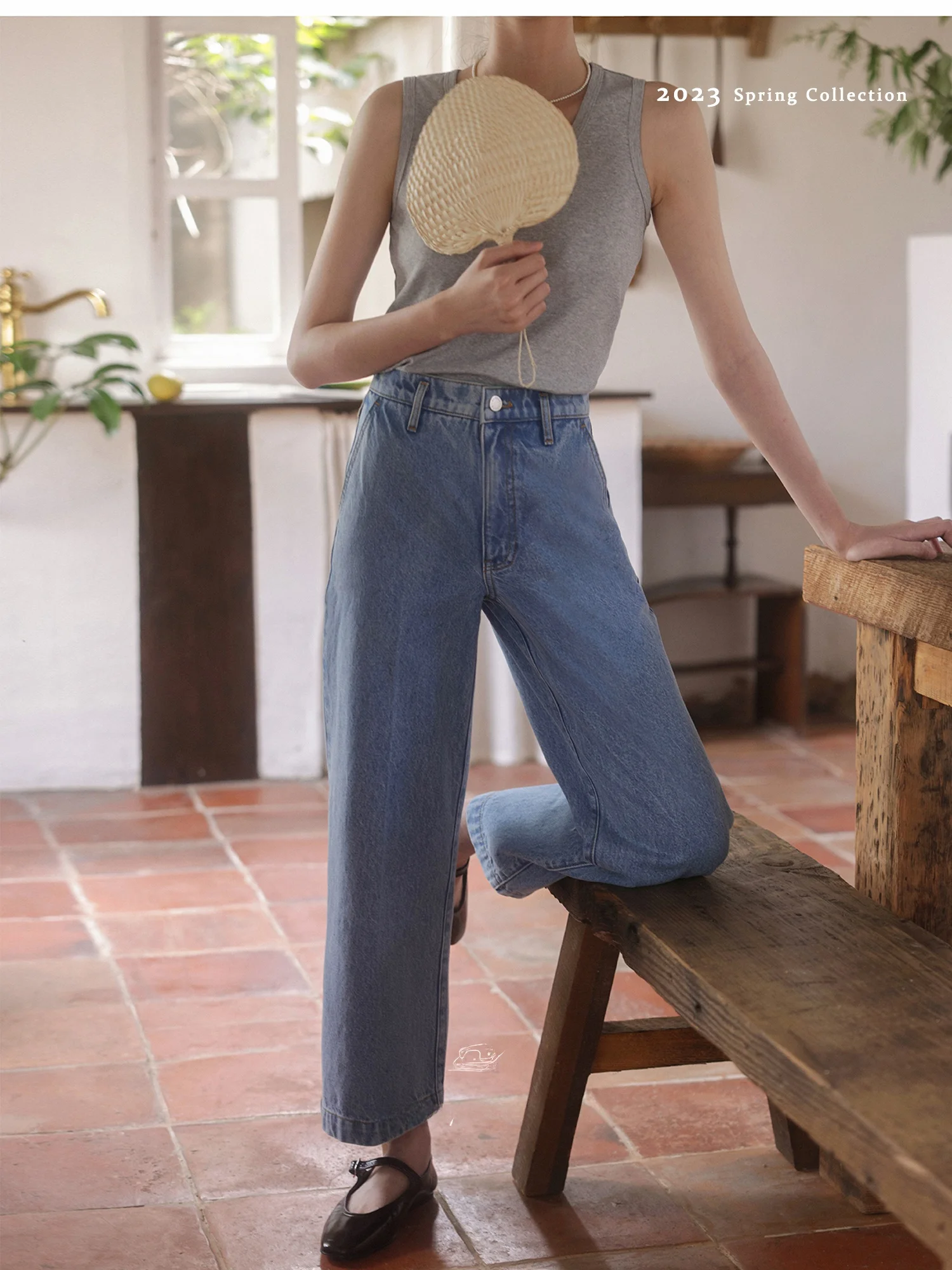 

Classic High Waist Nine-Tenths Denim Jeans Nicepeople2023SS Dopaamine Holiday Natural Waist Washed Zipper Closure Straight Leg