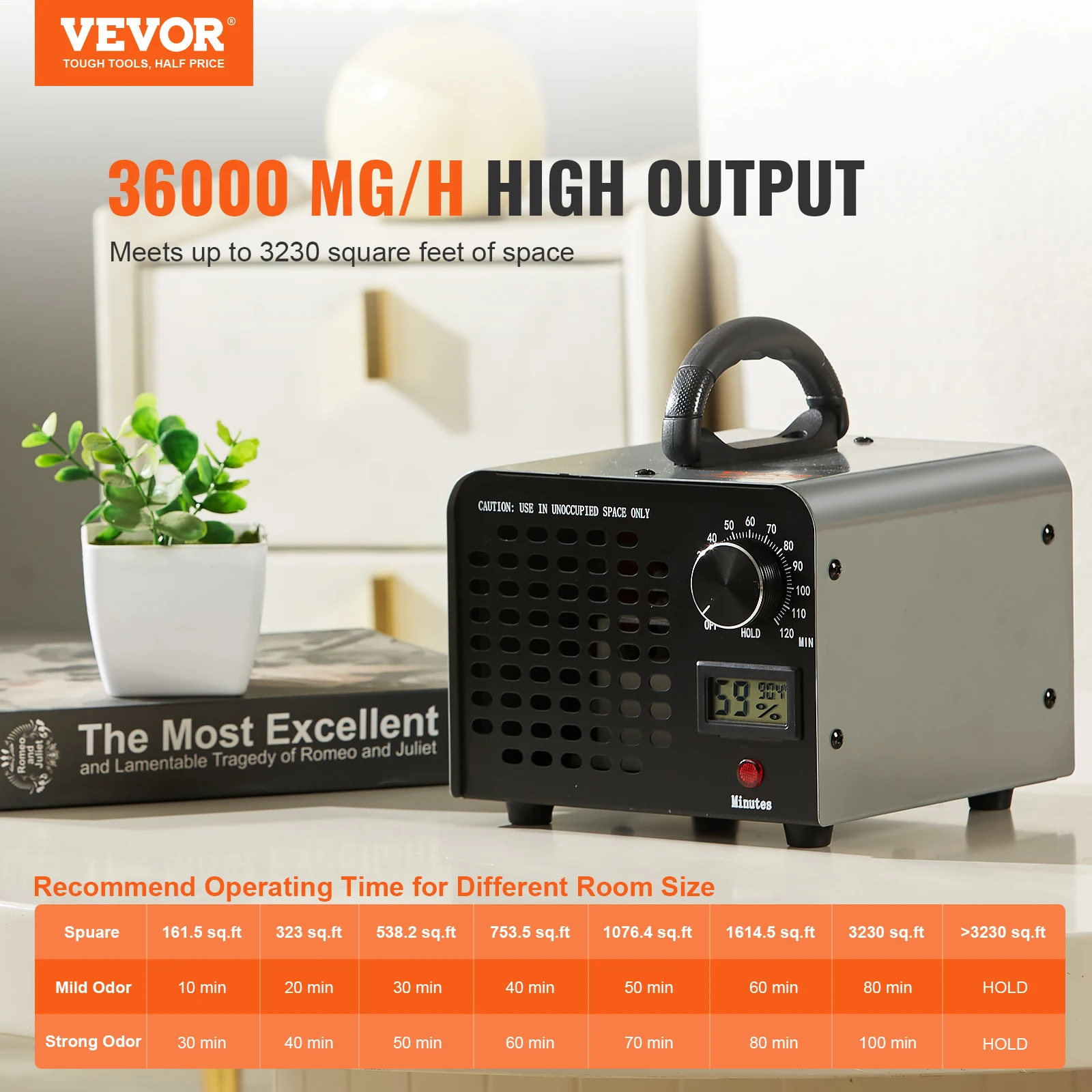 VEVOR Generador de ozono 12000/24000/36000 mg/h Máquina de ozono Removedor de olores con ajuste de tiempo de 0-120 minutos para habitaciones Coches Mascotas
