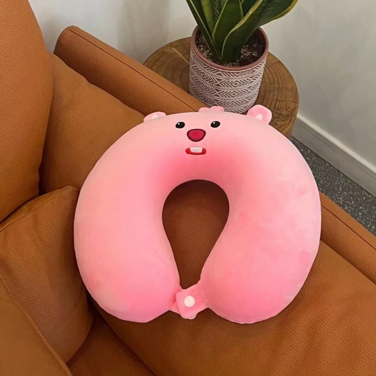 Cute Pink beaver U-Shaped Pillow Cartoon Beaver Neck Pillow for Travel Car Office Home Soft Support Headrest Cushion