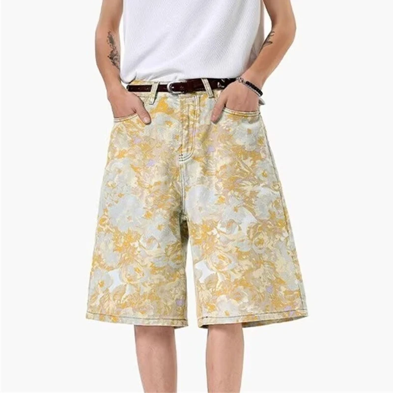 

Y2K винтажные джинсовые шорты с цветочным принтом и принтом тай-дай, мужские летние модные мешковатые прямые джерсы в стиле хип-хоп, уличная одежда, бермуды hombre