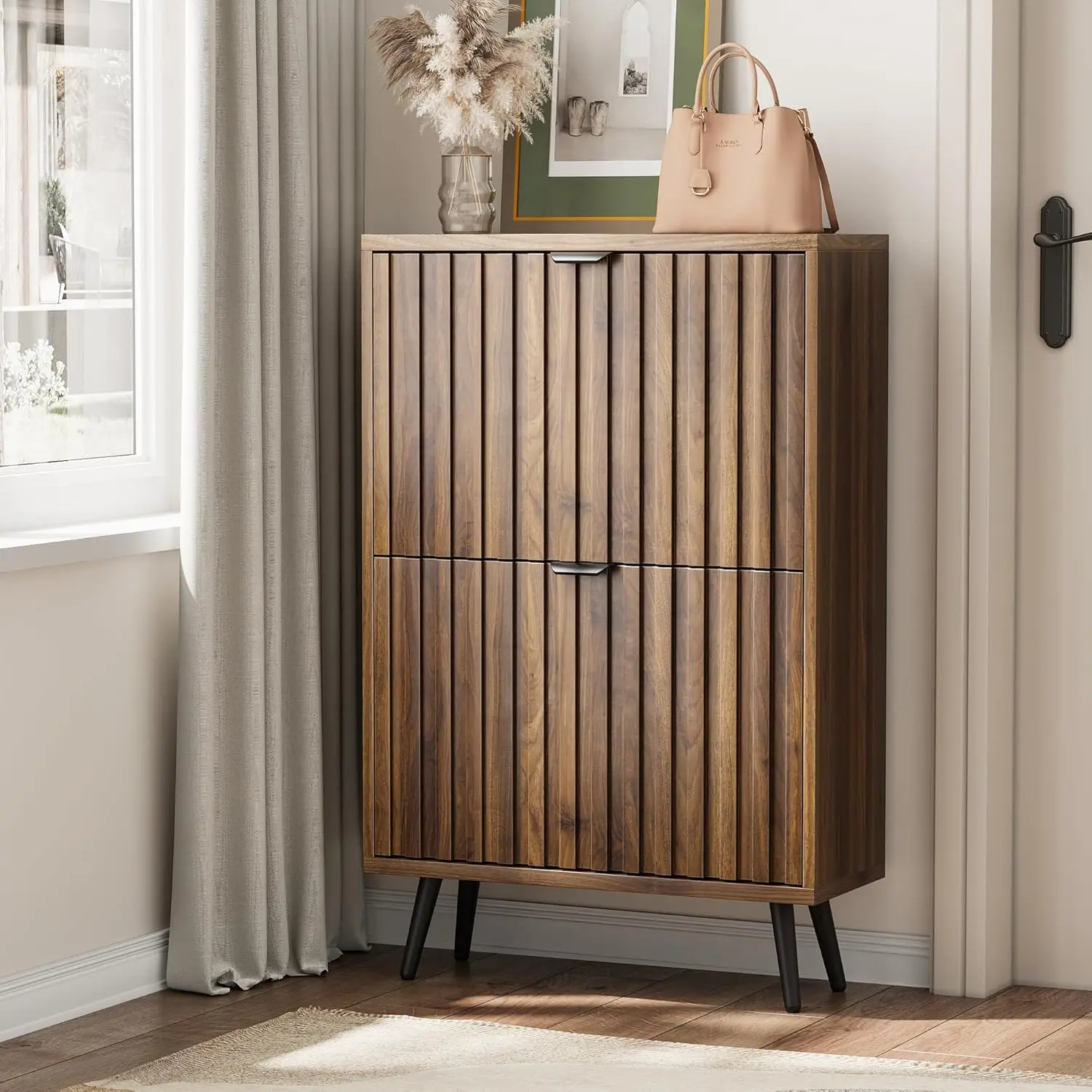 

Fluted Shoe Storage for Entryway, Walnut Hidden Cabinet with Metal Legs, Organizer with Flip Doors, Slim Entryway Storage
