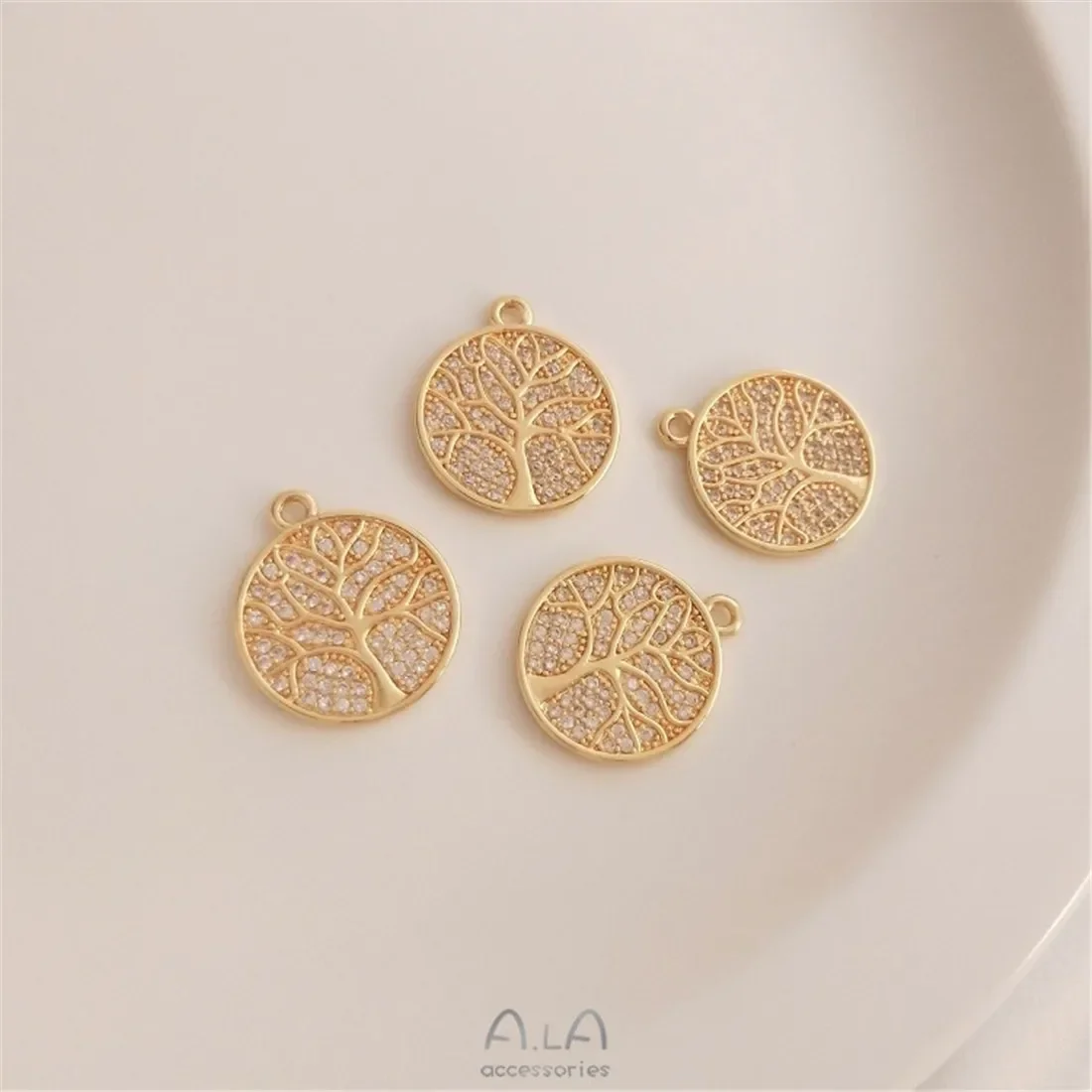 Micro Inlaid Zircon Lucky Tree Round Tag Pendant 14K Gold Wrapped Tree of Life Necklace Jewelry Handmade DIY Pendant D045