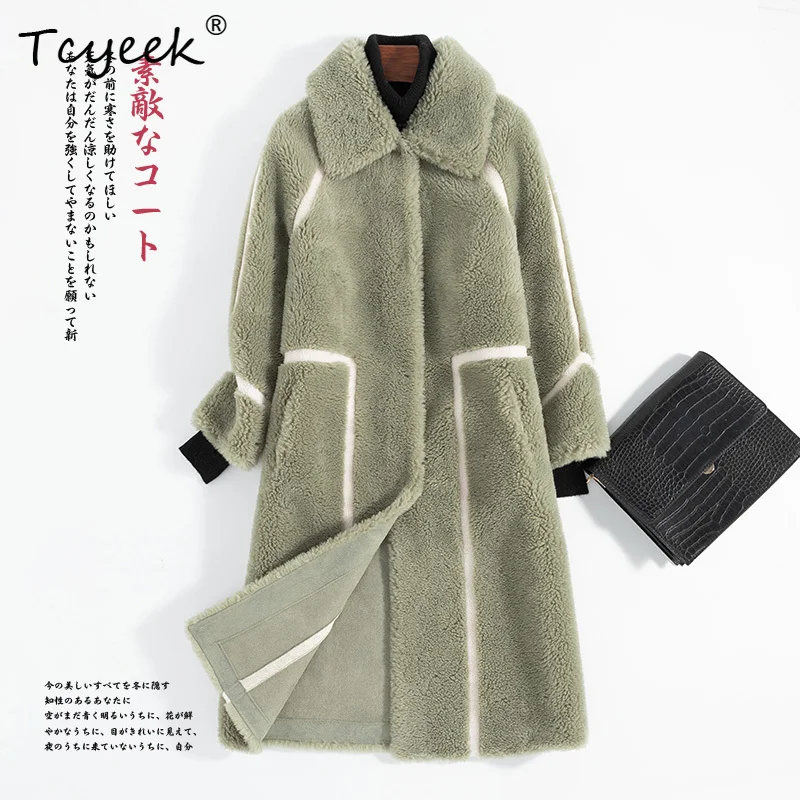 Tcyeek couche supérieure en peau de mouton automne hiver fourrure haut de gamme intégré col carré longueur moyenne femmes manteau de fourrure Fourrures Femme