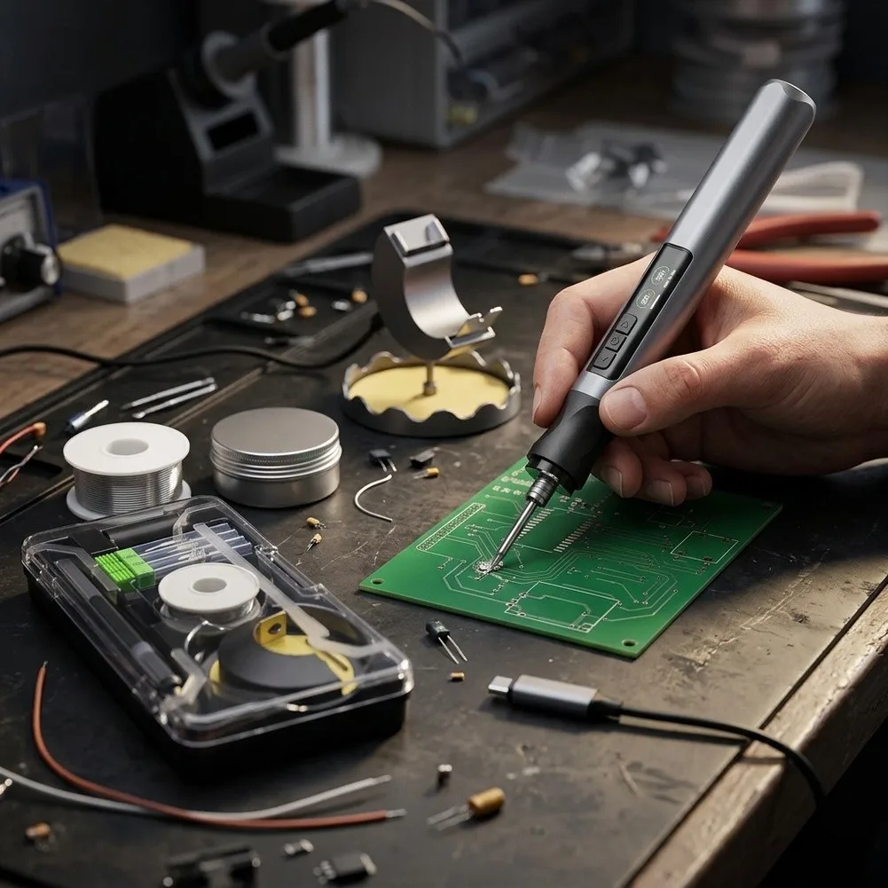 Cordless Soldering Iron Kit Featuring 75W Output LED Illumination and 3 Standard Soldering Tips for Portable Repairs