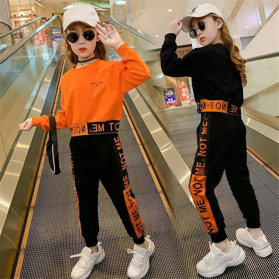 2024 autumn Kids Girls Tracksuit Letter Long Sleeve Sweatsuit Teenager hoodie + striped pants Clothing Set  4 6 8 10 12 Years