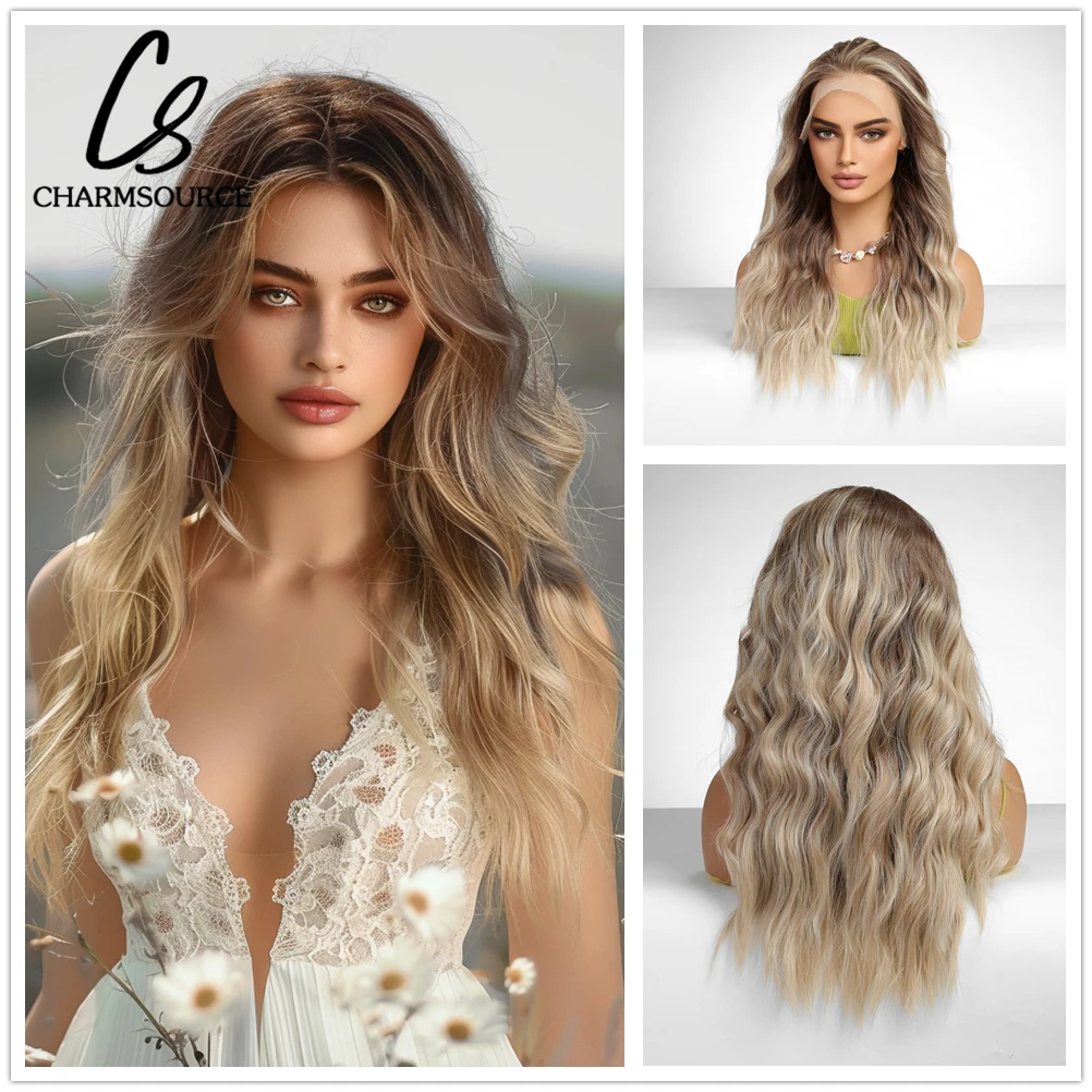 

CharmSource 13x4 Lace Front Wigs Brown Ombre Blonde Synthetic Long Wavy Curly Wigs for Women Cosplay High Density Hair Wig