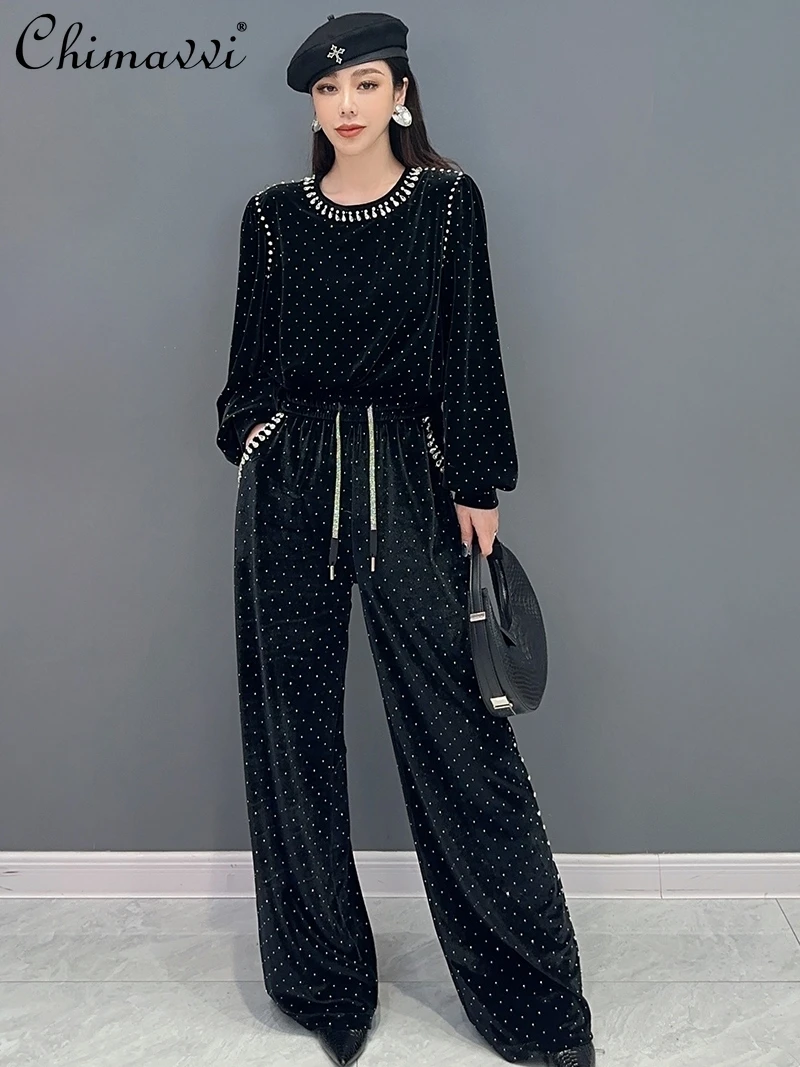

Autumn New Pant Sets Fashion Round Neck Long Sleeve Pleuche Beaded Top Wide Leg Trousers Two-Piece Set Ladies Loose Outfits