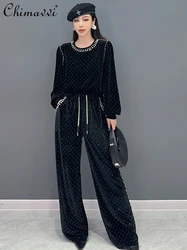 Autumn New Pant Sets Fashion Round Neck Long Sleeve Pleuche Beaded Top Wide Leg Trousers Two-Piece Set Ladies Loose Outfits