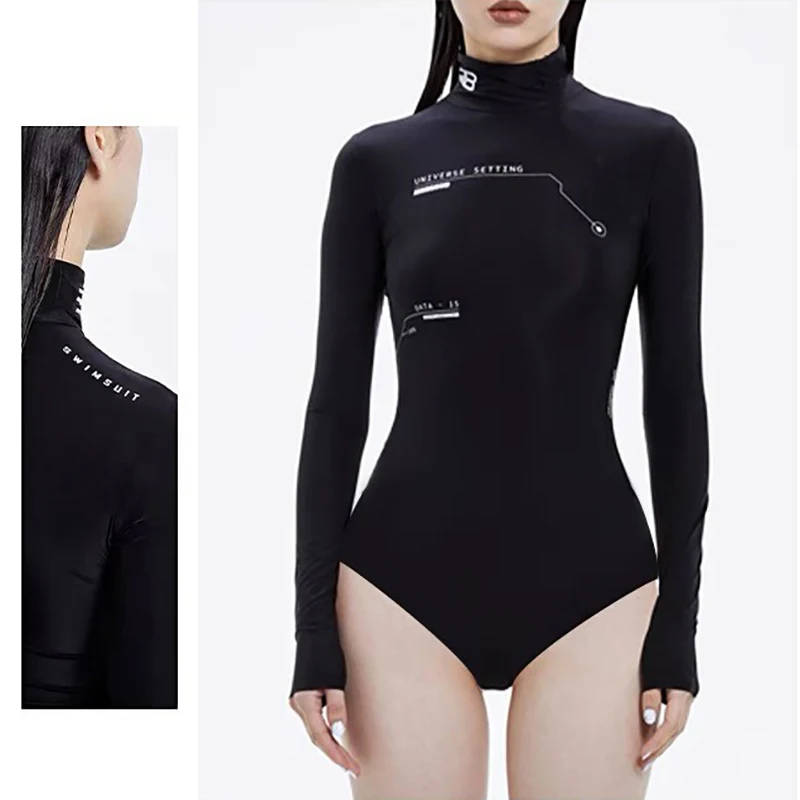 Women Sexy Push Up One Piece Swimsuit Outdoor Black Long Sleeve Swimwear Korean Slimfit Monokini Beach Bathing Suit