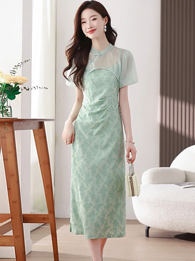 2025 جديد الأخضر طباعة مطوي فستان بكتافة + شبكة قميص حريمي قطعتين مجموعات المرأة الصيف الكورية أنيقة فستان مناسبات غير رسمية مجموعات