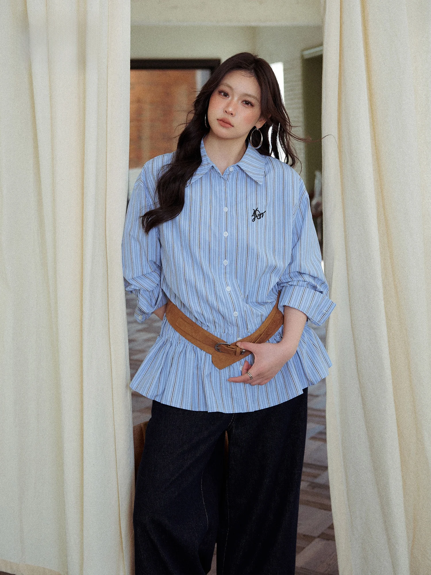 

plus Size Women's Ne Blue Striped irt Korean Sle Slimming Spring Faion Inner Wear Casual Loose Fit Long Sve