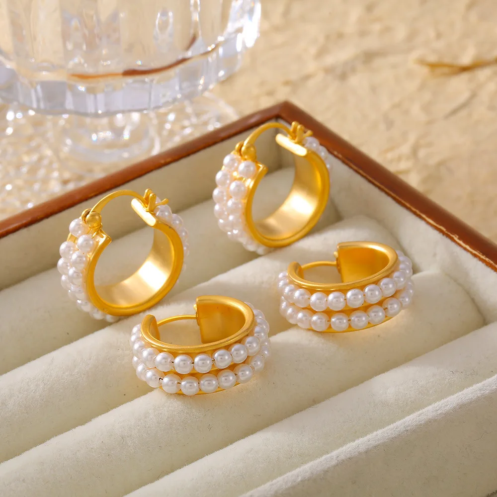 Fashion Double Row Imitation Pearl Earrings Women's Round Copper PVD Gold Plated Elegant Hoop Earrings Girls Jewelry Gift