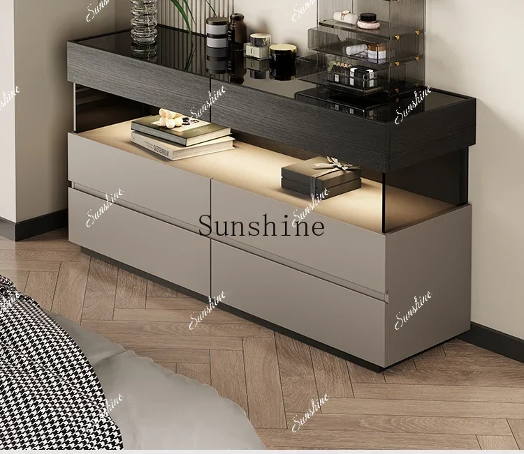 Italian minimalist solid wood high-end light luxury bedroom, bedside locker against the wall, living room side cabinet  FT