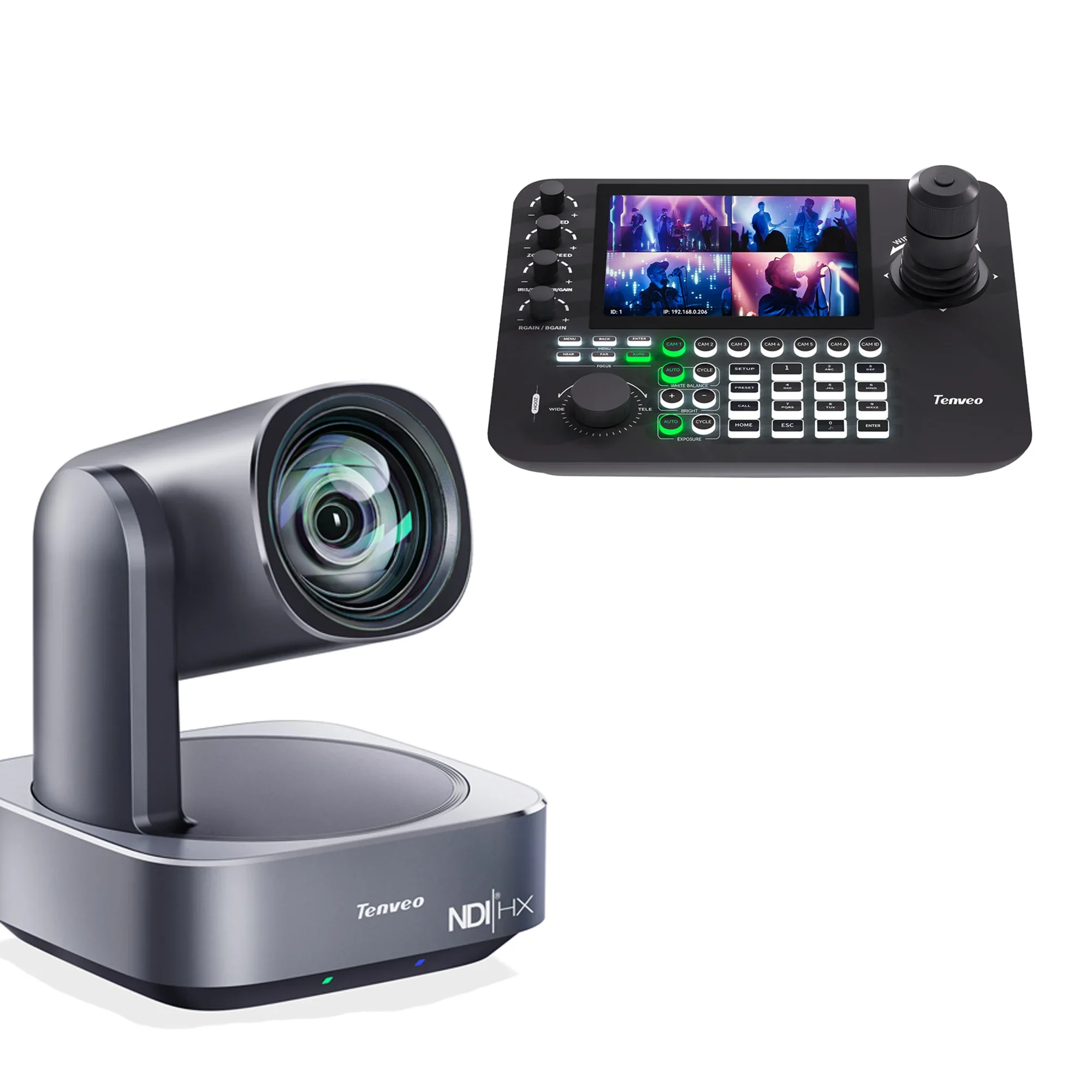 

In stockLive Streaming Bundle 4k AI Tracking PTZ Conference Camera with 4-spilt Screen Joystick Controller NDI Conference Soluti