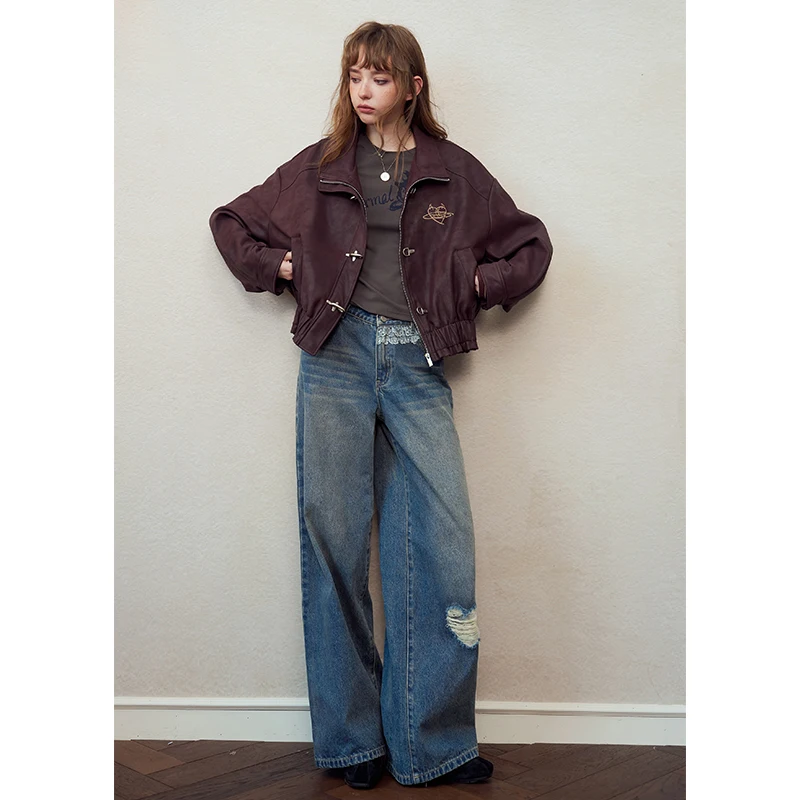 ELFSACK Women's Vintage High-Waist Wide-Leg Jeans with Lace Heart Ripped, Loose Denim Pants for Casual Daily