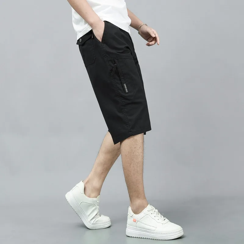 Summer Men's Pockets Solid Zipper Elastic High Waisted Casual Loose Sportswear Vintage Preppy Style Patchwork Office Lady Shorts