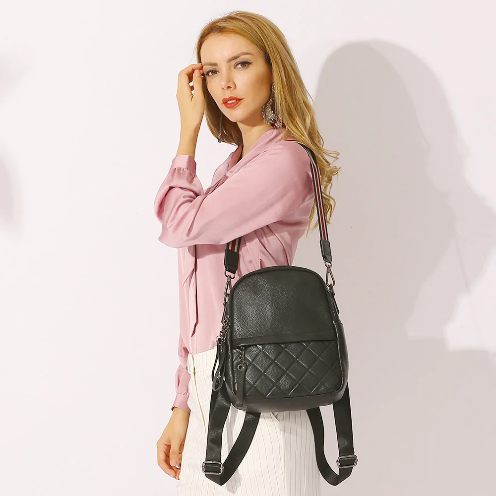 Zency 100% Genuine Leather Fashion Women Backpack Pure Black Knapsack Casual Travel Bags Girls Schoolbag Wide Strap Shoulder Bag