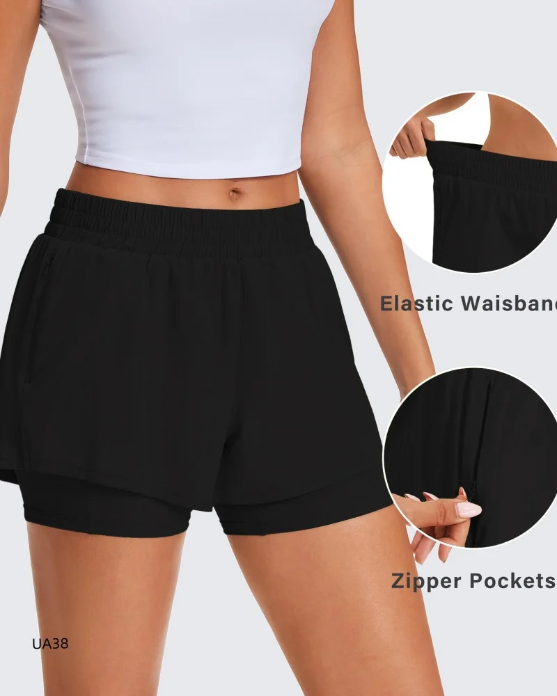 

Women's 2-in-1 Running Shorts High Waist Gym Shorts with Lined Zipper Pocket