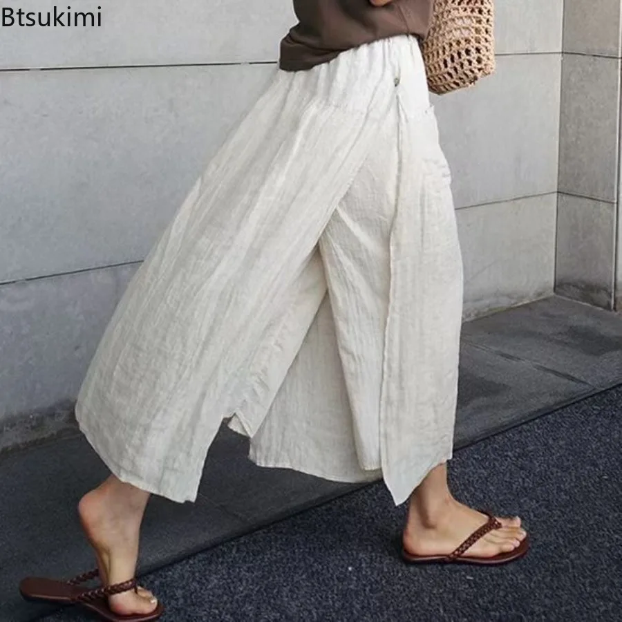 

2024 Women's Cotton Linen Pantskirt Fashion Fake Two Pieces Big Slit Design Vintage High Waist Casual Trousers Wide Leg Culottes