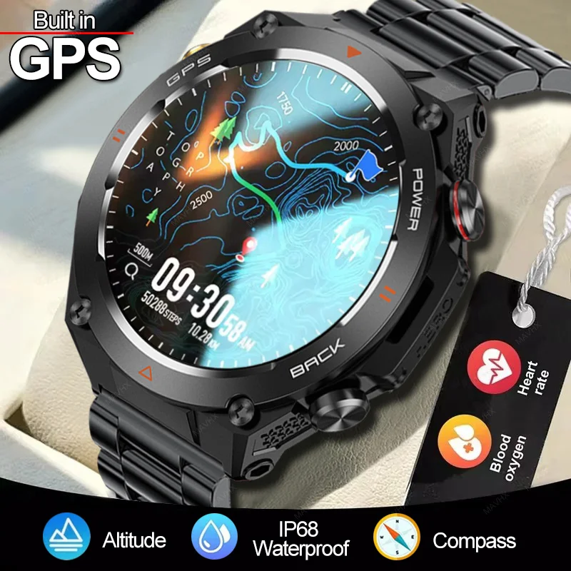 

Новые умные часы 2026 года для мужчин, военные, для активного отдыха, с AMOLED-экраном 1,45 дюйма, встроенным GPS, компасом, альтиметром, водонепроницаемостью 3ATM, функцией звонков по Bluetooth