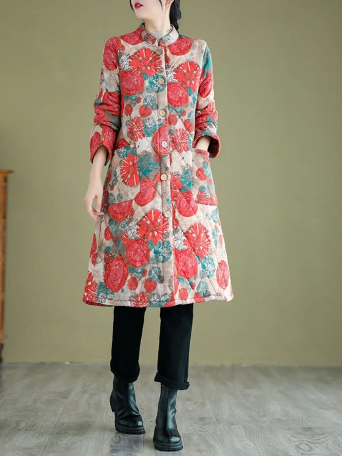 

Thiened Cotton Jaet Women's Printed Mid-Length Coat Warm Retro Sle Stand Collar Single Button Long Sve Winter Coat