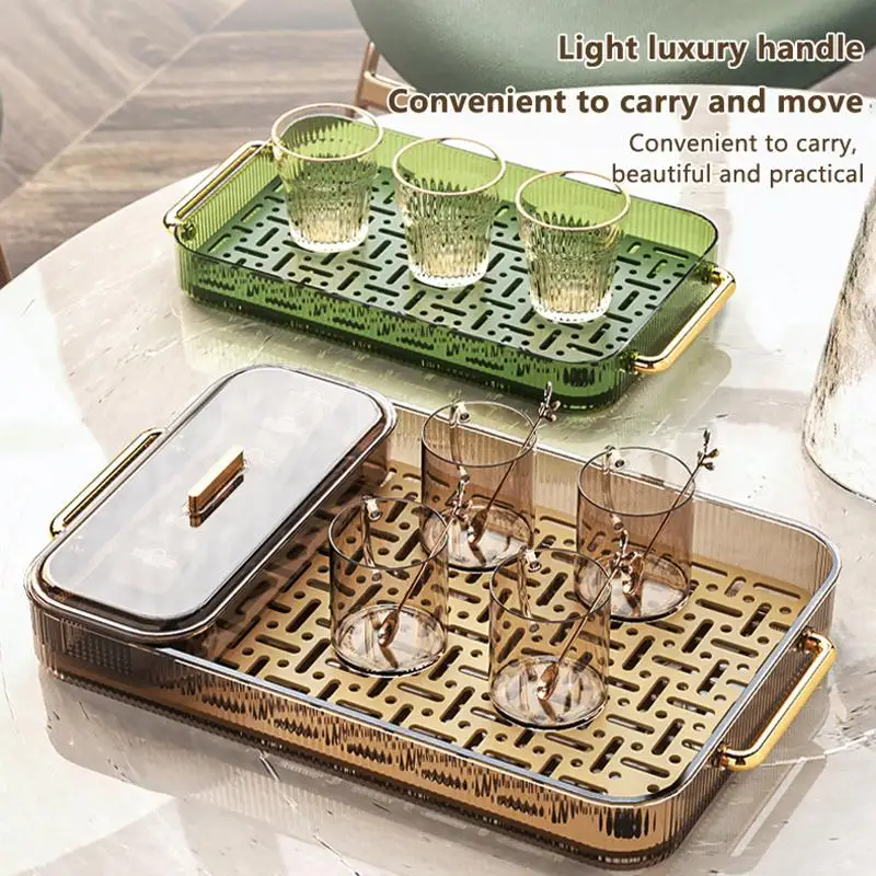 ECO Double-Layer Transparent Tea Tray Cup Drying Rack With Multi-Purpose Storage Box For Tea And Coffee Featuring Handle